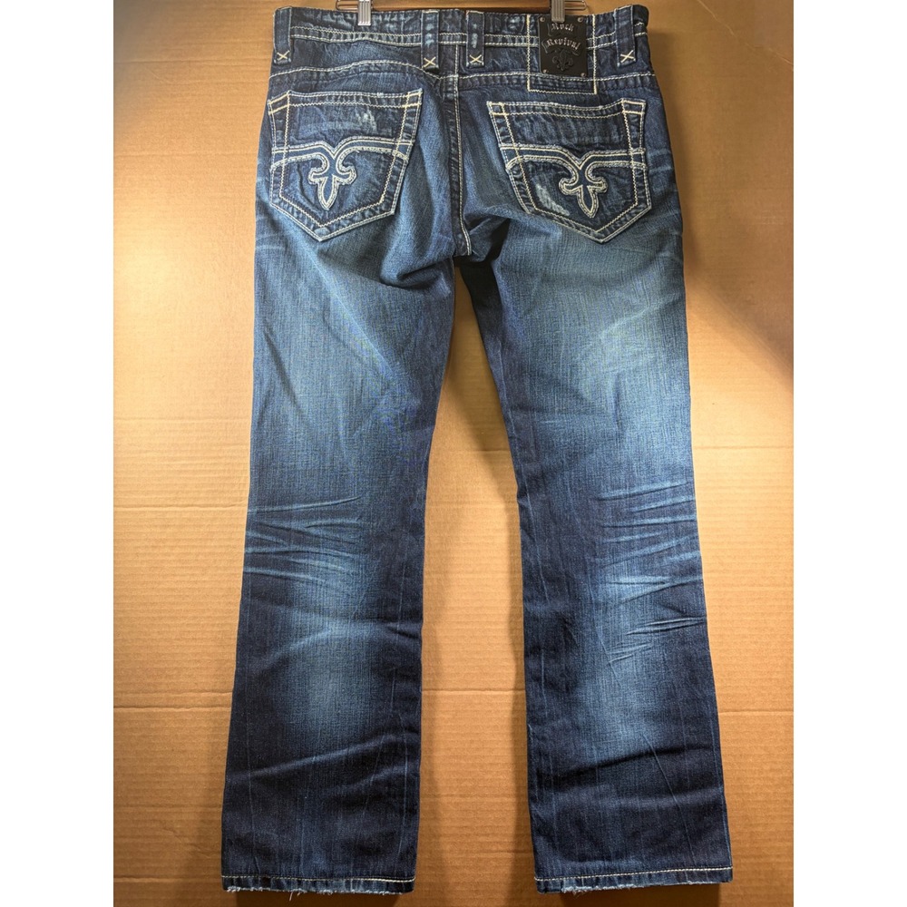 Rock Revival Russell Slim Straight Jeans Mens 36 Blue Dark Wash Thick Stitching